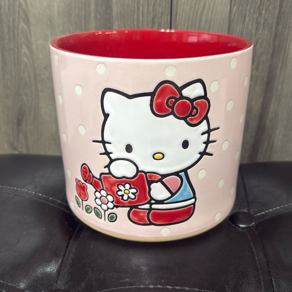 New Blue Sky Clayworks + Hello Kitty Watering Flowers Pink & Red Ceramic Planter